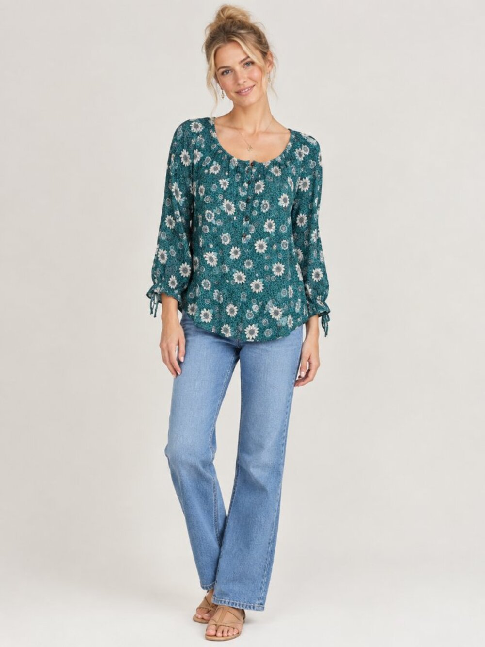 2/$30 Lucky Brand Floral Print Popover Peasant Blouse Tie-Cuff Emerald #A4543